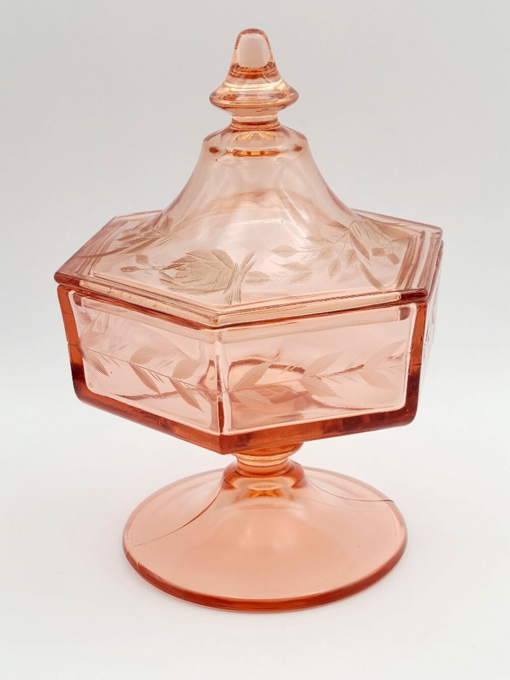 Imperial Vintage Pink Depression Glass Hexagon Molly Etched Candy Dish with Lid